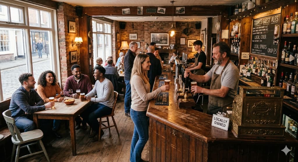Pub interior with guests and bartender