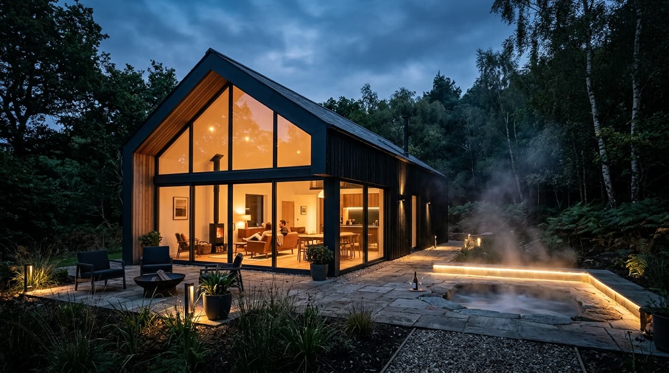Boutique cabin exterior and sunken hot tub at dusk