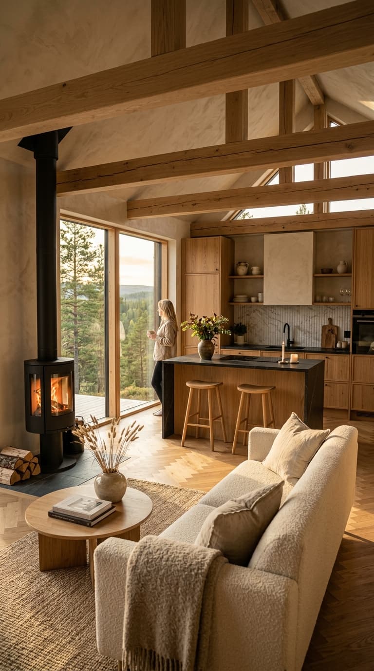 Scandinavian holiday retreat living area and kitchen